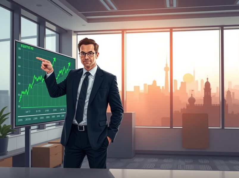 Financial analyst reviewing strong equities earnings chart on screen, with subtle Middle East skyline in background representing geopolitical risks