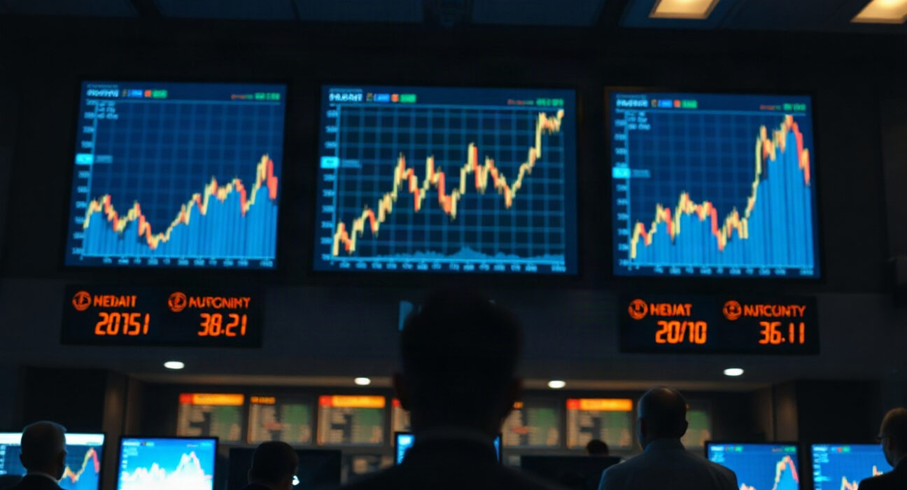 Trading screens showing stock charts with a slight downturn amid energy and yield concerns