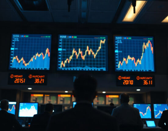 Trading screens showing stock charts with a slight downturn amid energy and yield concerns