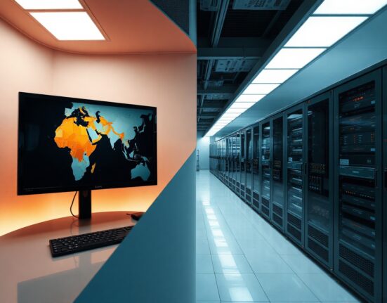 Analytical composition showing geopolitical tension in Iran and IT sector growth in a data center.