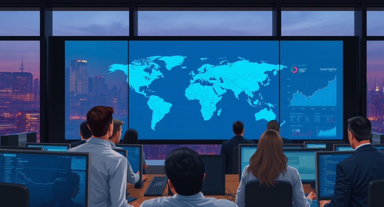 Financial traders analyzing global market data showing Middle East de-escalation impact on equities