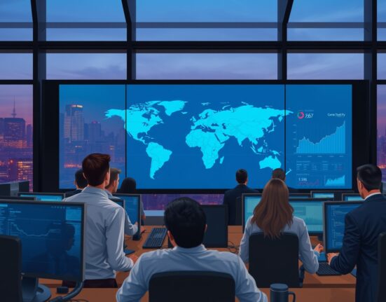 Financial traders analyzing global market data showing Middle East de-escalation impact on equities