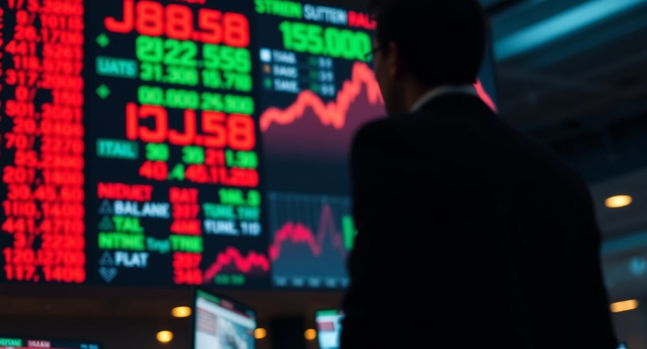 Stock market ticker showing mixed numbers with geopolitical news overlay on trading floor