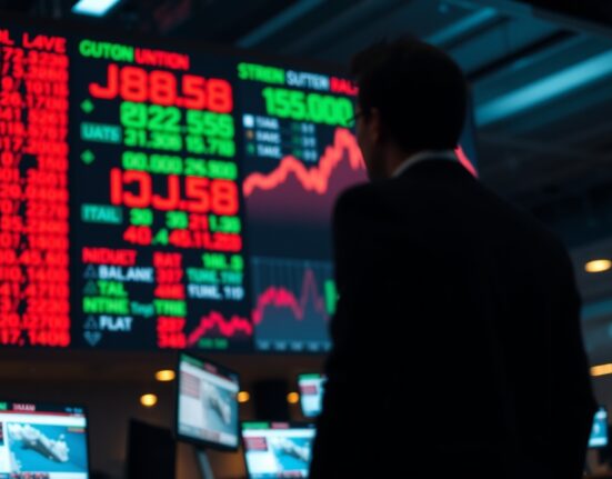 Stock market ticker showing mixed numbers with geopolitical news overlay on trading floor