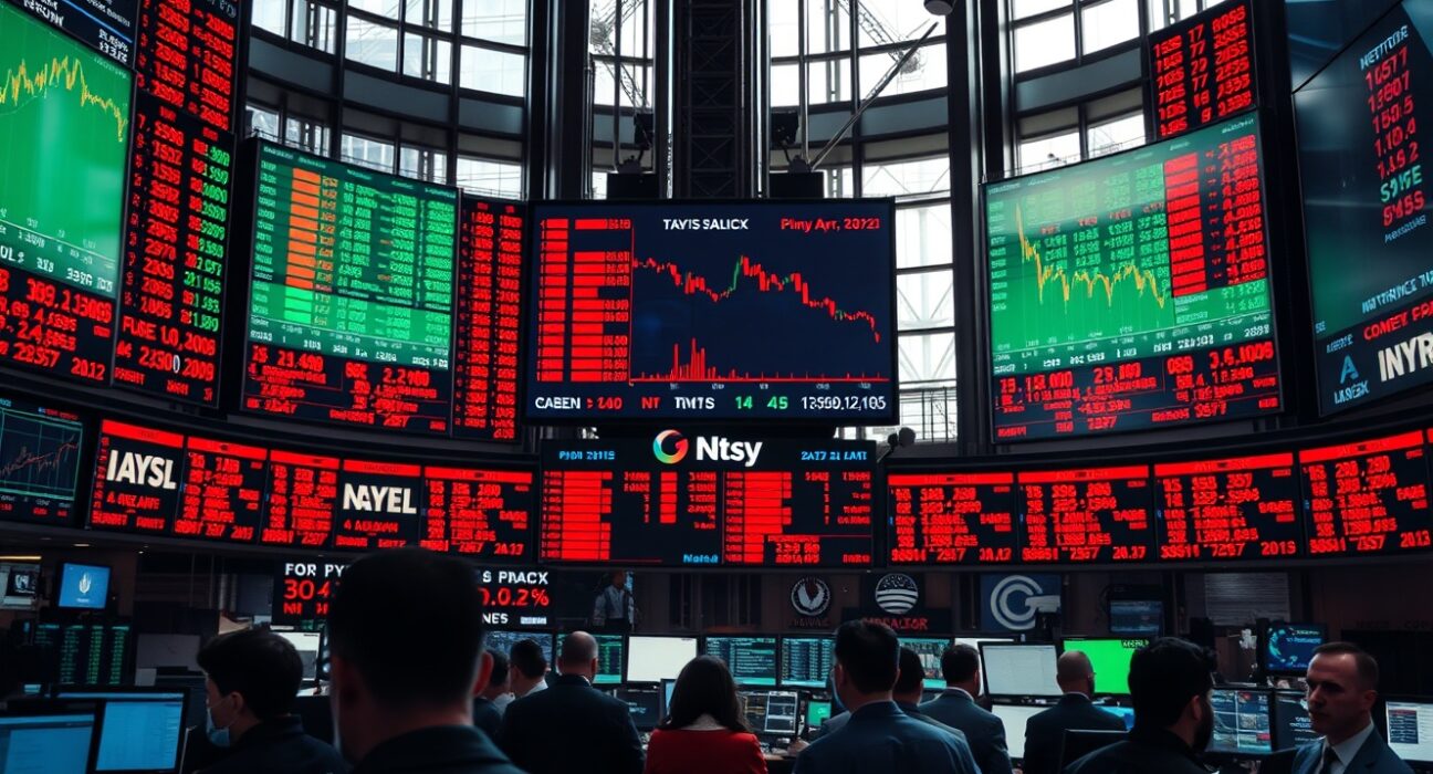 Stock exchange trading floor with mixed market data on screens indicating shifting risk sentiment