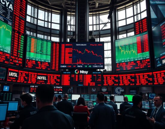 Stock exchange trading floor with mixed market data on screens indicating shifting risk sentiment