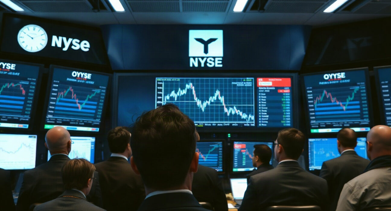 Traders monitoring stock market declines and rising bond yields on screens in a trading floor.