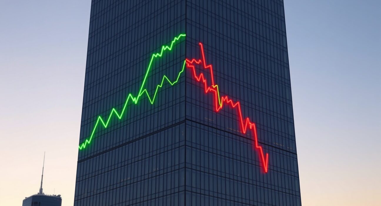 A photorealistic image of a skyscraper reflecting a green profit chart and a red valuation chart, illustrating the equities profits valuations divergence highlighted by HSBC.