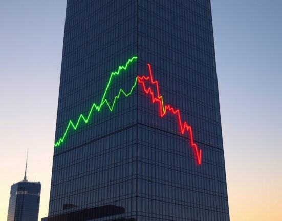 A photorealistic image of a skyscraper reflecting a green profit chart and a red valuation chart, illustrating the equities profits valuations divergence highlighted by HSBC.
