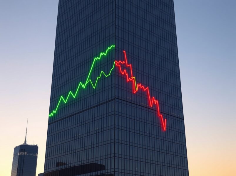 A photorealistic image of a skyscraper reflecting a green profit chart and a red valuation chart, illustrating the equities profits valuations divergence highlighted by HSBC.