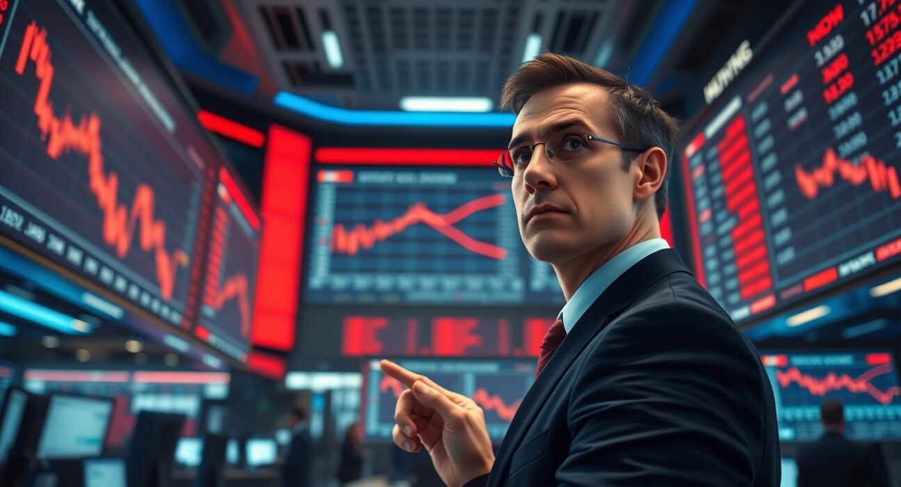 Financial analyst pointing at a declining stock chart on a trading floor, representing the tech-led equities pullback due to AI concerns.