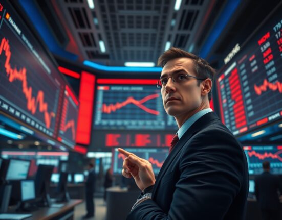 Financial analyst pointing at a declining stock chart on a trading floor, representing the tech-led equities pullback due to AI concerns.