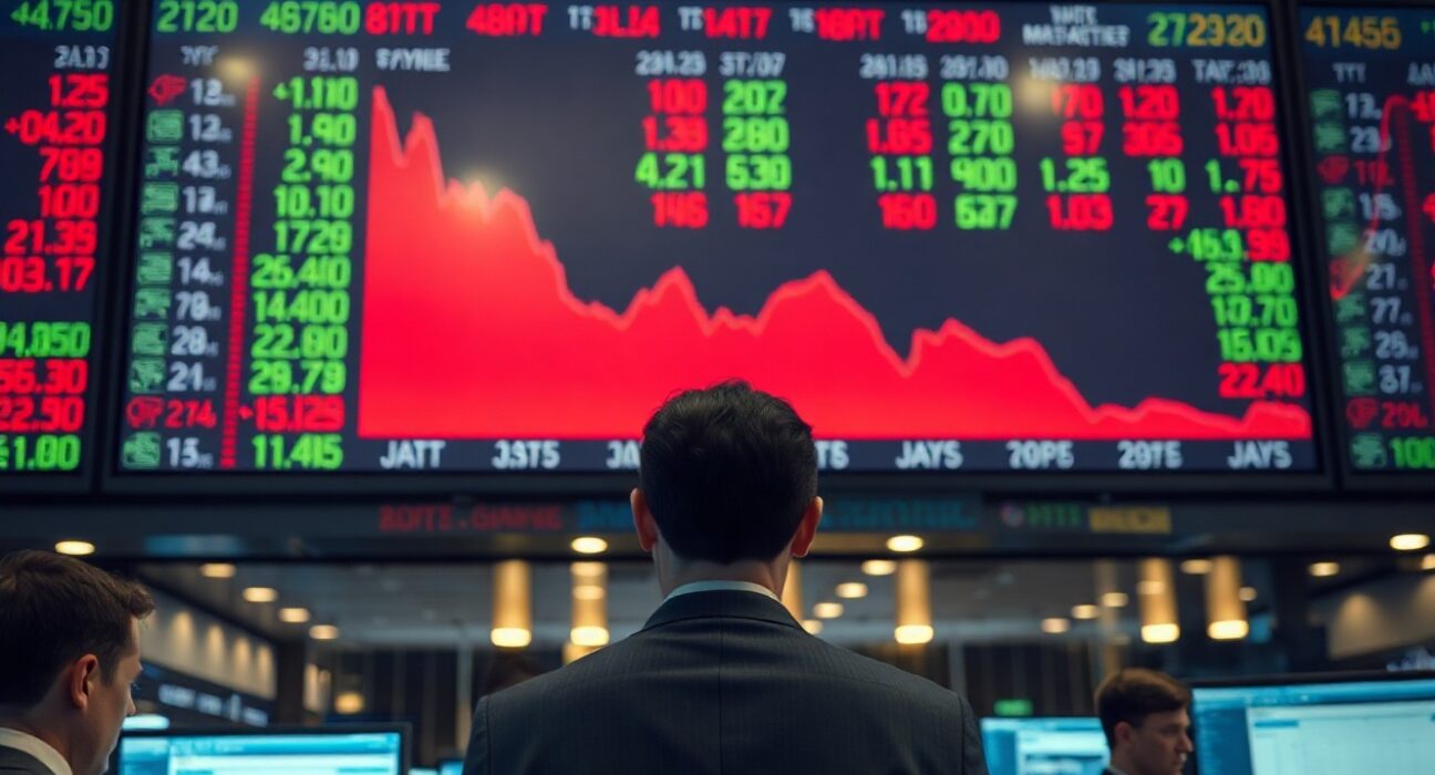 Stock market display showing red numbers during a pullback, with traders watching