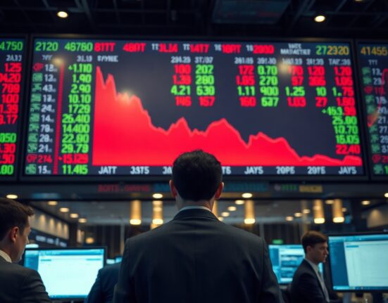 Stock market display showing red numbers during a pullback, with traders watching