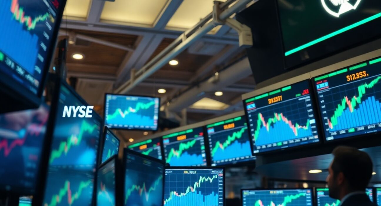 Stock market trading screens showing upward trends as equities rally extends.