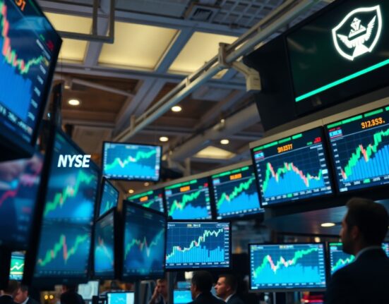 Stock market trading screens showing upward trends as equities rally extends.