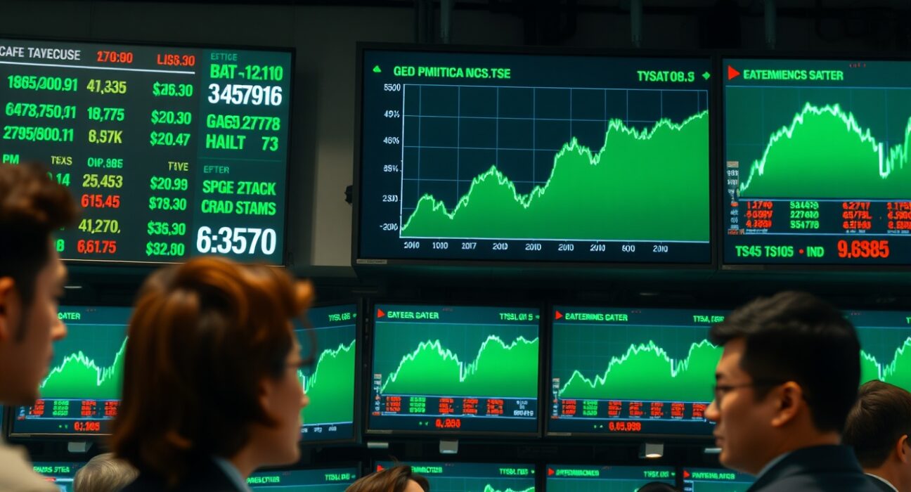 Stock market screens showing green uptrend charts amid geopolitical de-escalation hopes