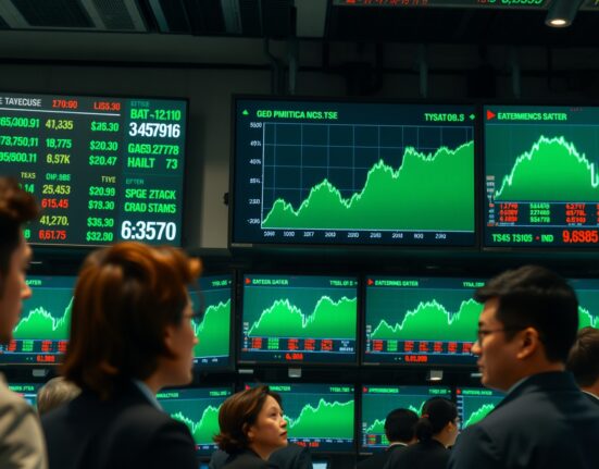 Stock market screens showing green uptrend charts amid geopolitical de-escalation hopes