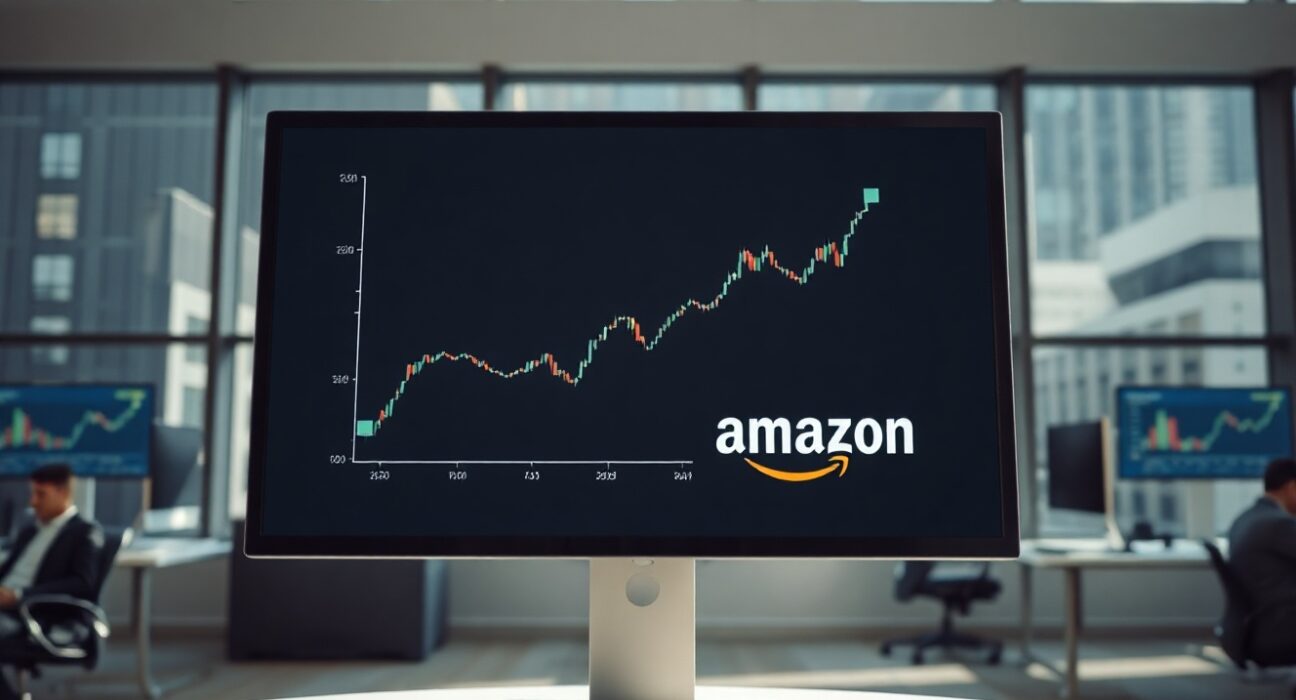 Stock market chart showing upward trend on a screen in a trading floor