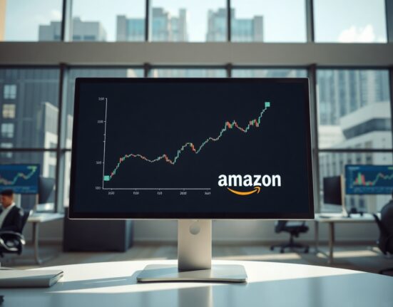 Stock market chart showing upward trend on a screen in a trading floor