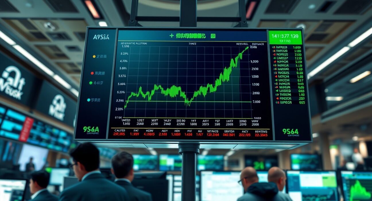 Green upward-trending stock charts on a trading floor display showing equities rebound in tech and cyclical sectors