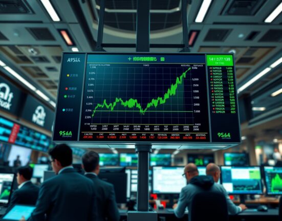 Green upward-trending stock charts on a trading floor display showing equities rebound in tech and cyclical sectors