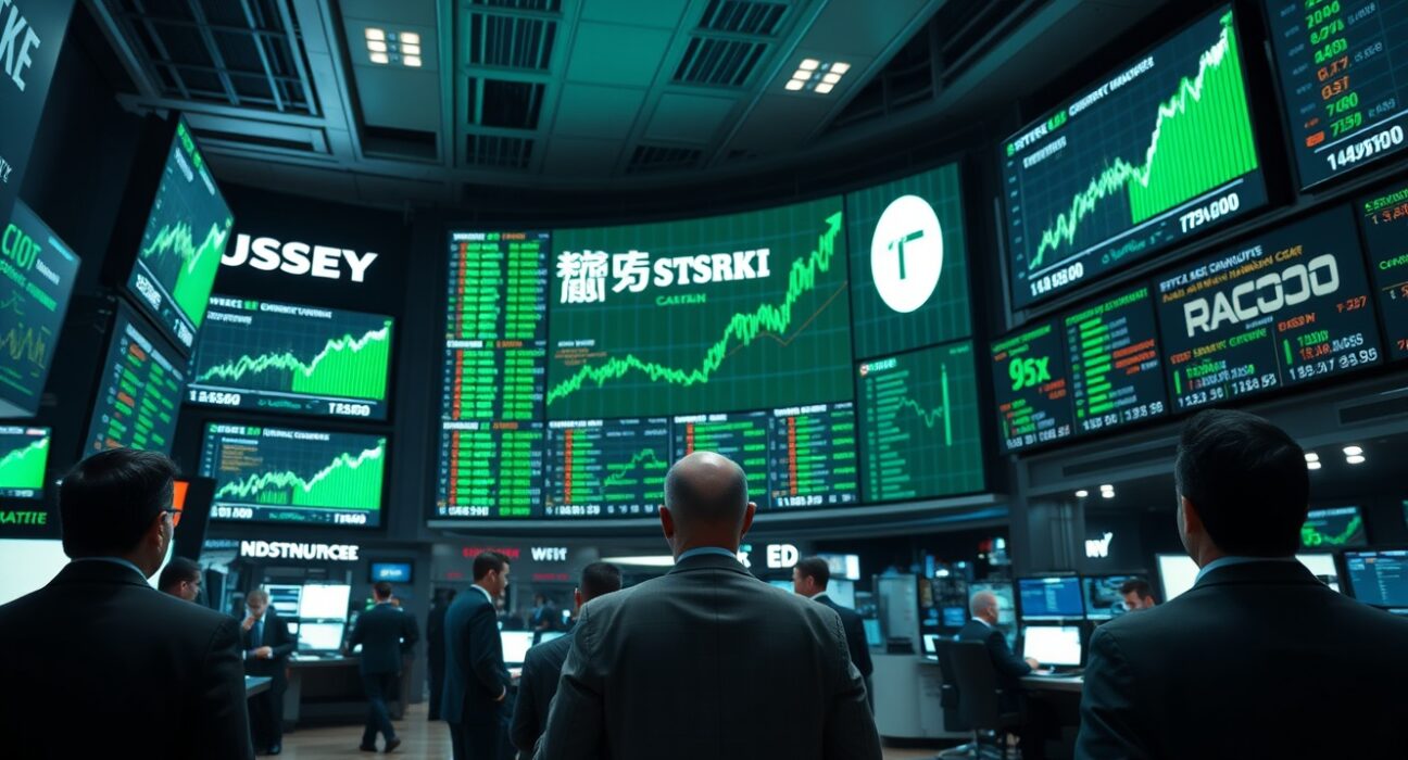 Stock exchange trading floor with digital screens showing rising chip stock charts and green market indicators