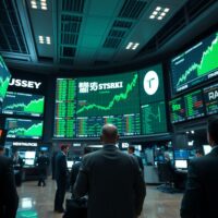 Stock exchange trading floor with digital screens showing rising chip stock charts and green market indicators