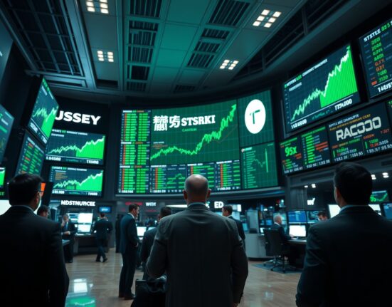 Stock exchange trading floor with digital screens showing rising chip stock charts and green market indicators