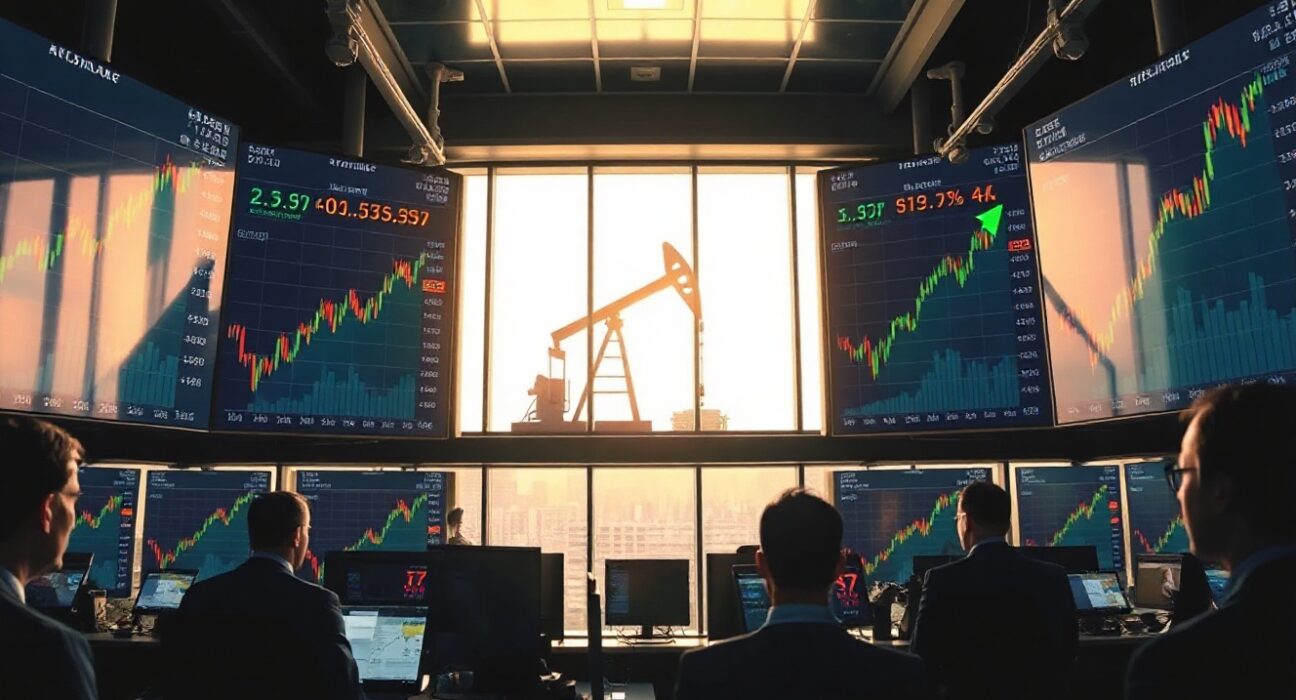 Trading floor with screens showing rising stock charts and oil pump jacks in background