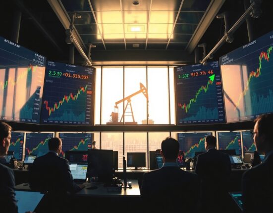 Trading floor with screens showing rising stock charts and oil pump jacks in background