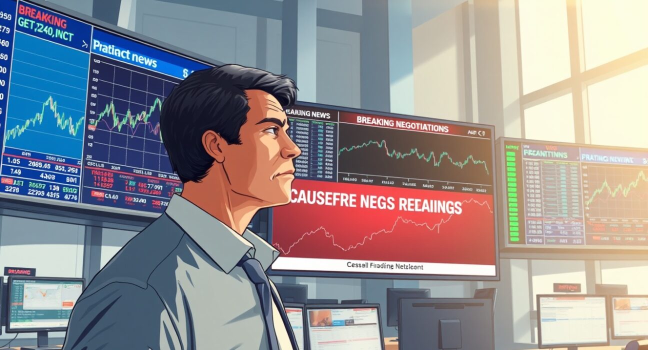 Trader analyzing stock market volatility amid geopolitical ceasefire uncertainty, based on Danske Bank report.