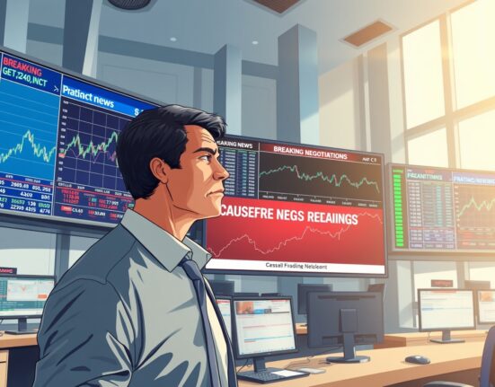 Trader analyzing stock market volatility amid geopolitical ceasefire uncertainty, based on Danske Bank report.