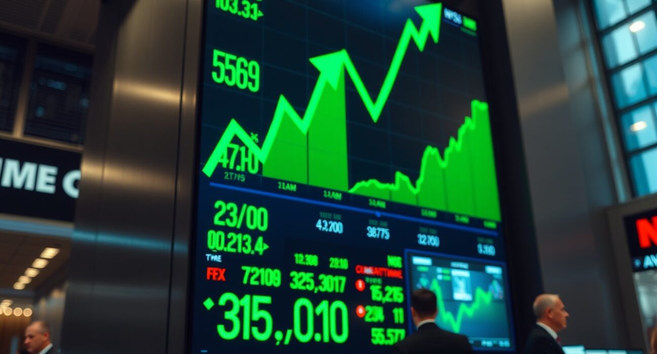 Stock exchange board showing green upward trends and numbers indicating a market rally