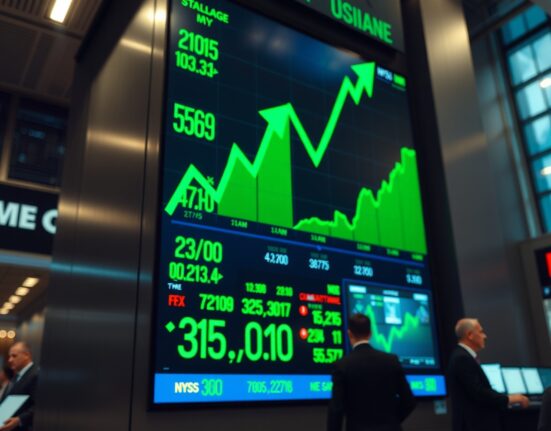 Stock exchange board showing green upward trends and numbers indicating a market rally