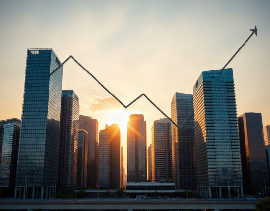 Financial district skyline at golden hour representing equity market resilience and strong macroeconomic conditions.