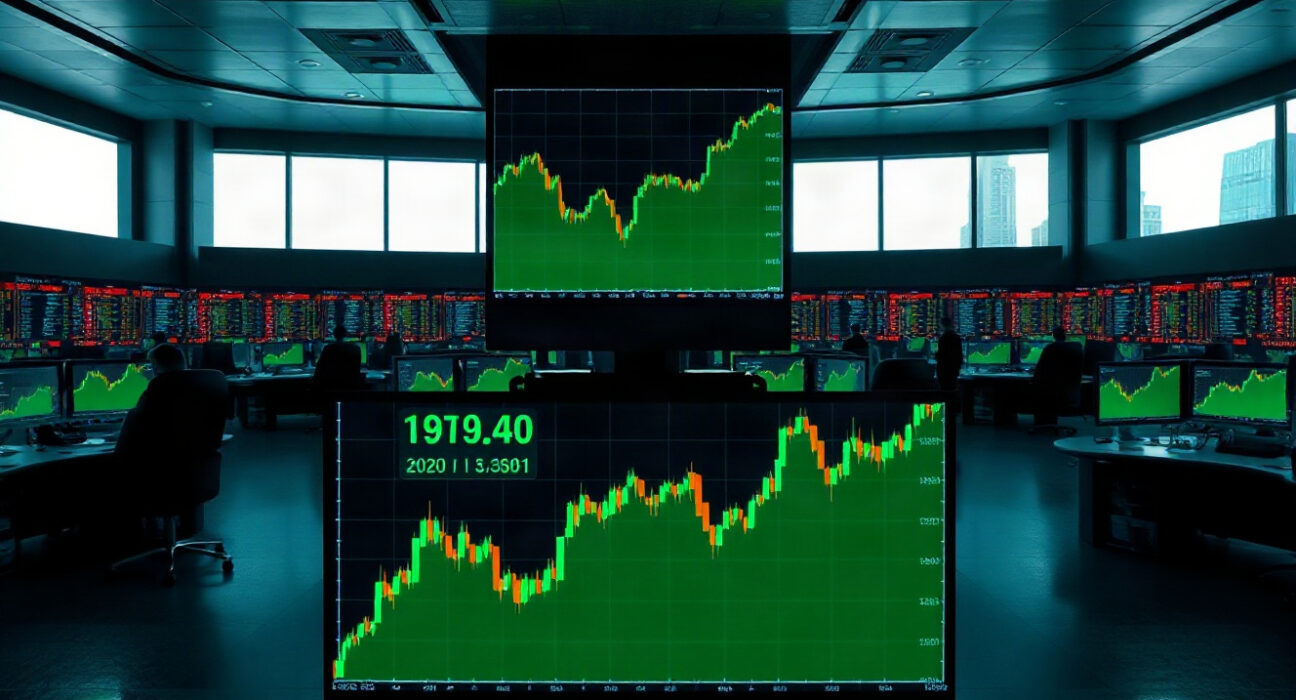 Stock market trading floor with screens showing rising charts, highlighting healthcare sector gains