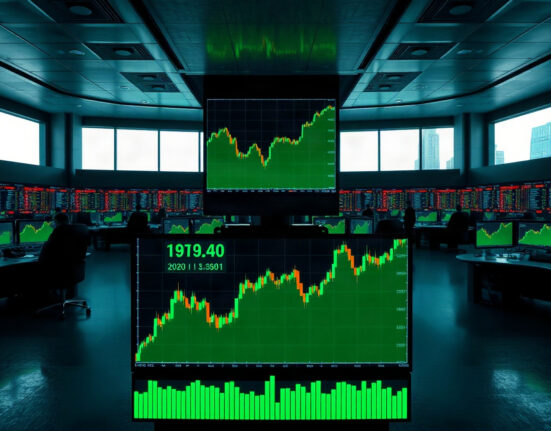 Stock market trading floor with screens showing rising charts, highlighting healthcare sector gains