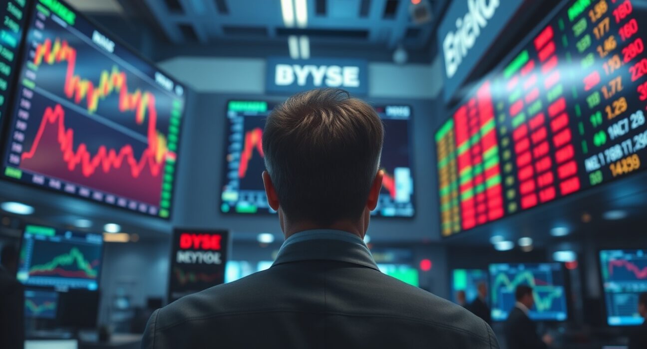 Trader watching falling equity charts amid bond yield surge