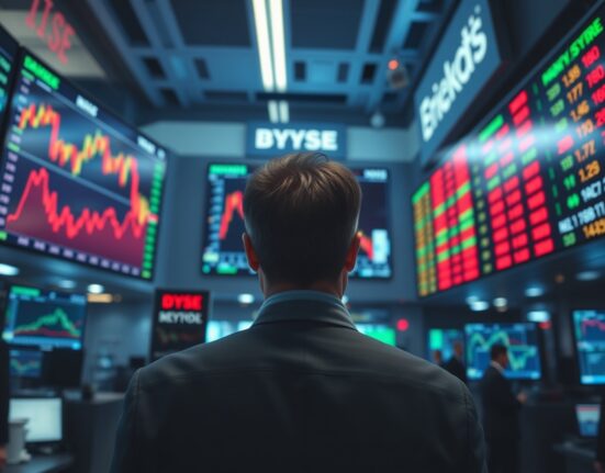 Trader watching falling equity charts amid bond yield surge