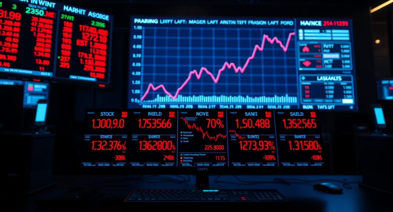 Financial dashboard showing falling stock indices and rising bond yields, representing risk-off market sentiment.
