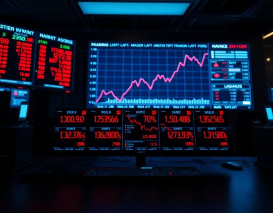 Financial dashboard showing falling stock indices and rising bond yields, representing risk-off market sentiment.