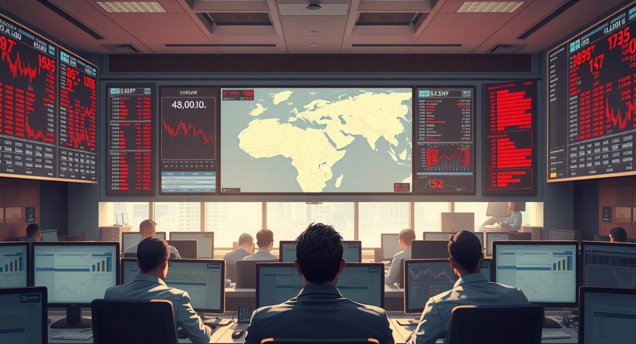Financial trading floor analysis of US-Iran tensions impacting global equities market volatility