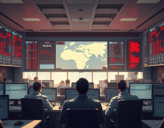 Financial trading floor analysis of US-Iran tensions impacting global equities market volatility