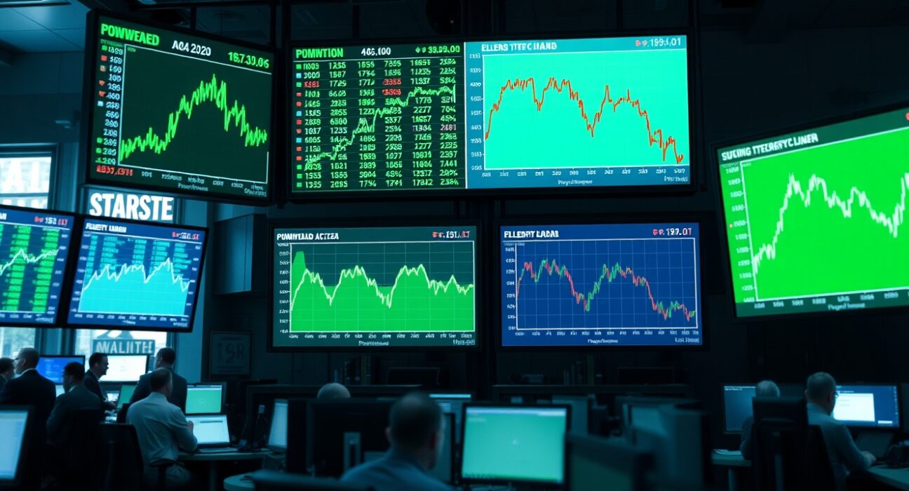 Trading floor screens show rising equity charts and falling bond yield indicators