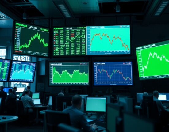 Trading floor screens show rising equity charts and falling bond yield indicators