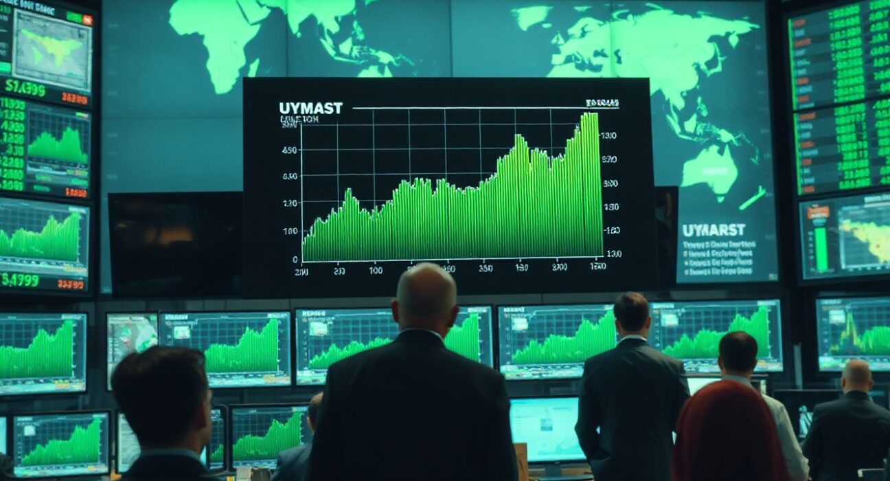 Stock exchange trading floor with green charts and Middle East map background