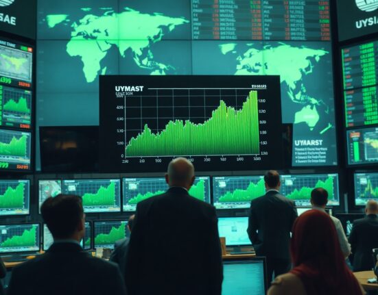 Stock exchange trading floor with green charts and Middle East map background