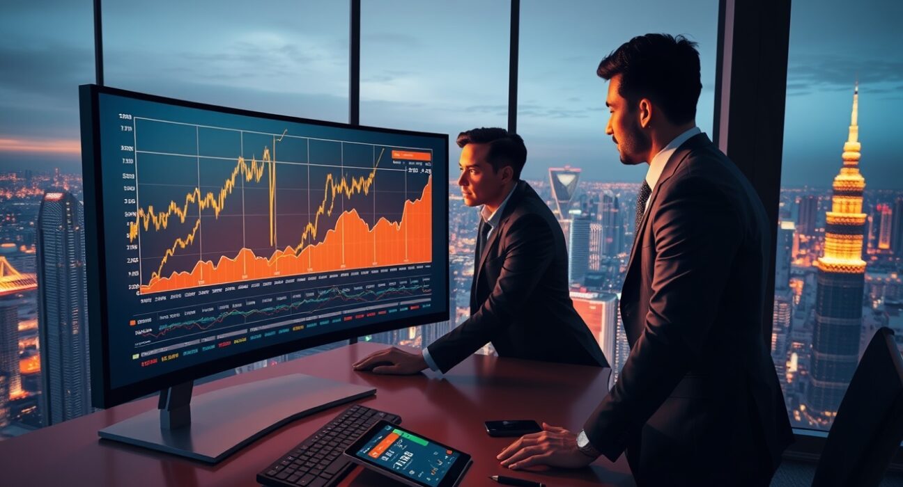 Financial analysts review equity charts highlighting Asia tech sector growth and risk recovery.