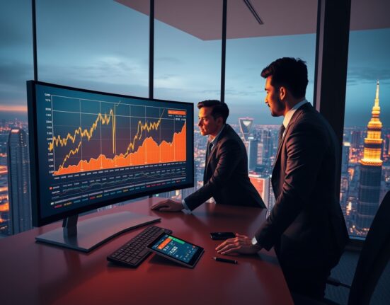 Financial analysts review equity charts highlighting Asia tech sector growth and risk recovery.
